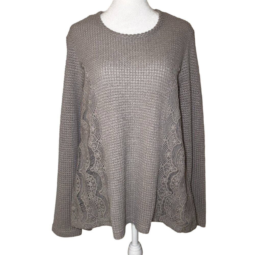 Indigo Soul, Waffle Knit Top w/ Crochet  Side Panels, Taupe/Gray – Size Medium
